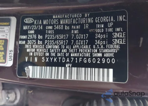 2015 Kia Sorento Lx V6 z USA, uszkodzony, nr VIN 5XYKTDA71FG602900